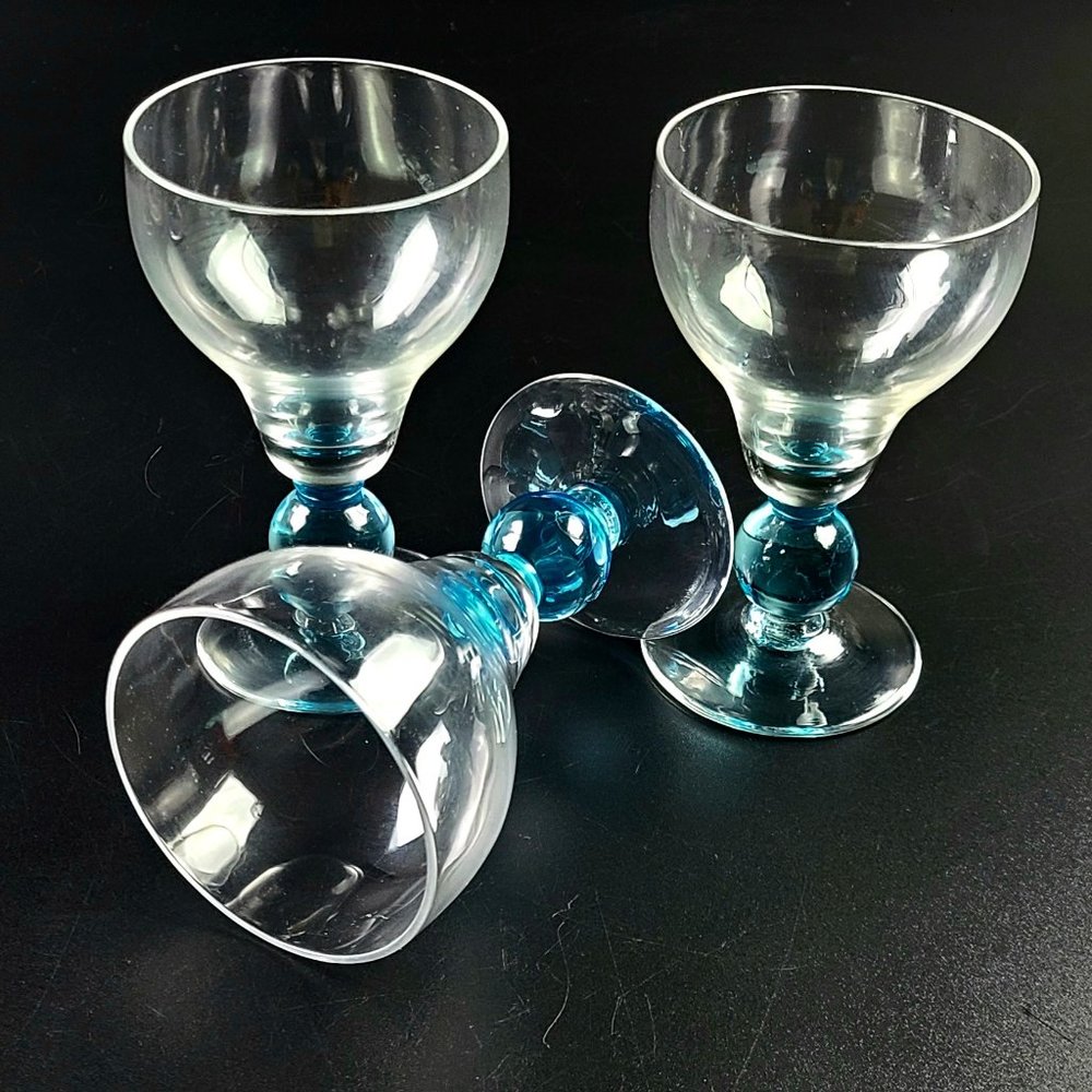 Vintage -  Liquor/Cocktail Glass - Clear Bowl & Base - Aqua Blue Round Stem - Se